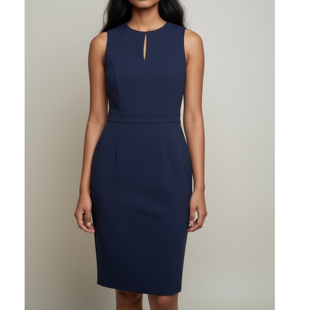 Elie Tahari Sleeveless Sheath Dress Key Hole Front Lined Back Zip Up 6 Navy Blue